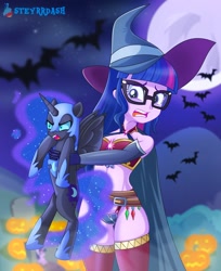 Size: 1400x1714 | Tagged: safe, artist:steyrrdash, imported from derpibooru, nightmare moon, sci-twi, twilight sparkle, alicorn, bat, human, pony, equestria girls, breasts, cleavage, duo, female, halloween, holding a pony, holiday, jack-o-lantern, midriff, mlp fim's fourteenth anniversary, moon, night, pumpkin, skimpy outfit