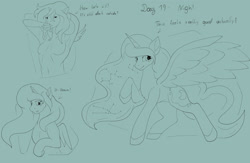 Size: 2000x1302 | Tagged: safe, artist:dexterthekobold, imported from derpibooru, princess luna, alicorn, human, pony, female, human to pony, monochrome, raised hoof, sketch, sleepy, transformation