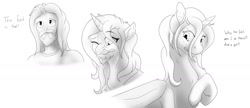 Size: 1280x553 | Tagged: safe, artist:dexterthekobold, imported from derpibooru, oc, oc only, oc:slade, alicorn, human, pony, bust, human to pony, male to female, monochrome, rule 63, sketch, transformation, transgender transformation, vulgar