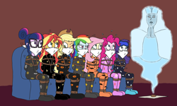 Size: 3783x2267 | Tagged: safe, artist:bugssonicx, imported from derpibooru, applejack, fluttershy, pinkie pie, rainbow dash, rarity, sci-twi, sunset shimmer, twilight sparkle, ghost, human, undead, equestria girls, arm behind back, bondage, bound and gagged, cloth gag, clothes, couch, emanata, footed sleeper, gag, humane five, humane seven, humane six, one eye closed, ouija board, pajamas, rope, rope bondage, sitting, sweat, sweatdrops, teary eyes, tied up