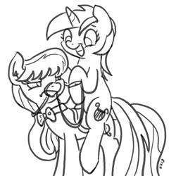 Size: 800x800 | Tagged: artist needed, safe, imported from derpibooru, lyra heartstrings, octavia melody, earth pony, pony, unicorn, black and white, bowtie, bridle, drawthread, female, grayscale, horn, lineart, lyra riding octavia, mare, monochrome, octavia is not amused, open mouth, open smile, ponies riding ponies, requested art, riding, riding a pony, signature, simple background, smiling, standing, tack, unamused, white background