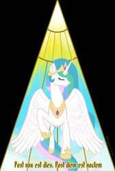 Size: 564x837 | Tagged: safe, artist:higvern, imported from derpibooru, princess celestia, alicorn, eyes closed, female, jewelry, mlp fim's fourteenth anniversary, regalia, smiling, solo, solo female, tiara