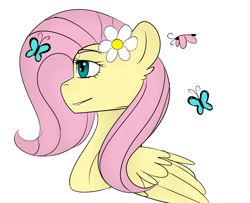 Size: 1600x1300 | Tagged: safe, artist:thecringeypone, imported from derpibooru, fluttershy, butterfly, pony, bust, flower, flower in hair, portrait, simple background, solo, white background