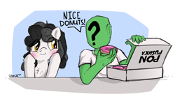 Size: 1830x1042 | Tagged: safe, artist:uteuk, imported from derpibooru, oc, oc only, oc:anon, oc:pon-pushka, earth pony, human, blushing, box, clothes, donut, female, food, looking at each other, looking at someone, mare, pon-pushka, rule 63, shirt, t-shirt, text