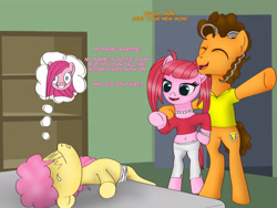 Size: 3072x2304 | Tagged: safe, artist:anonymousandrei, derpibooru exclusive, imported from derpibooru, cheese sandwich, pacific glow, pinkie pie, earth pony, pony, comic:life of li'l cheese, bedroom, colt, dialogue, faint, father and child, father and son, female, foal, male, mare, older, older cheese sandwich, older pinkie pie, stallion, talking, thought bubble, trio