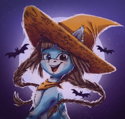 Size: 2000x1902 | Tagged: safe, artist:querisyart, imported from derpibooru, oc, oc only, oc:querisy, bat, pegasus, pony, braid, bust, female, full moon, halloween, hat, heterochromia, holiday, looking at you, mare, moon, night, portrait, smiling, smiling at you, solo, witch hat