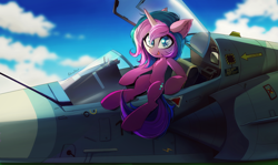 Size: 1500x895 | Tagged: safe, artist:skyeypony, imported from derpibooru, oc, oc only, oc:stellar trace, pony, unicorn, aircraft, cloud, complex background, female, french, horn, jet, jet fighter, looking at you, mare, mirage 2000, plane, sitting, solo