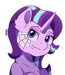 Size: 2717x3151 | Tagged: safe, artist:morrigun, imported from derpibooru, starlight glimmer, pony, unicorn, bust, fangs, female, halloween, holiday, horn, makeup, mare, mlp fim's fourteenth anniversary, purple coat, purple eyes, signature, simple background, solo, spider web, transparent background