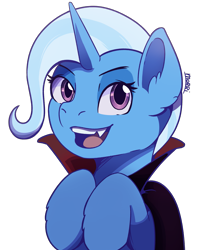 Size: 2769x3390 | Tagged: safe, artist:morrigun, imported from derpibooru, trixie, pony, undead, unicorn, vampire, blue coat, bust, cape, clothes, fangs, female, halloween, holiday, horn, makeup, mare, mlp fim's fourteenth anniversary, purple eyes, signature, simple background, solo, transparent background