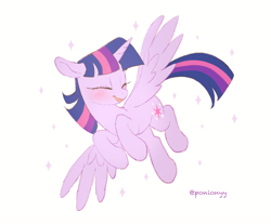 Size: 1268x1052 | Tagged: safe, artist:sion, imported from derpibooru, twilight sparkle, alicorn, pony, blushing, cute, eyes closed, female, flying, mare, open mouth, open smile, signature, simple background, smiling, solo, sparkles, spread wings, twiabetes, twilight sparkle (alicorn), white background, wings