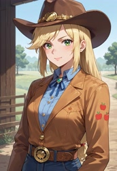 Size: 2560x3712 | Tagged: safe, imported from derpibooru, applejack, human, ai content, ai generated, belt, clothes, cowboy hat, generator:perfect pony xl, hat, humanized, jacket, prompter:massbrainimpact, shirt