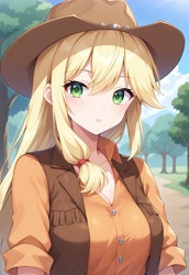 Size: 2560x3712 | Tagged: safe, imported from derpibooru, applejack, human, ai content, ai generated, clothes, cowboy hat, generator:hassaku xl, hat, humanized, jacket, ponytail, prompter:massbrainimpact, shirt