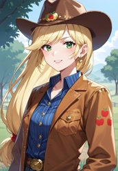 Size: 2560x3712 | Tagged: safe, imported from derpibooru, applejack, human, ai content, ai generated, belt, clothes, cowboy hat, generator:wai-ani-nsfw-ponyxl, hat, humanized, jacket, prompter:massbrainimpact, shirt, striped shirt