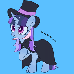 Size: 4096x4096 | Tagged: safe, artist:metaruscarlet, imported from derpibooru, oc, oc only, oc:flawless sparklemoon, pony, unicorn, blue background, cape, clothes, fanart, fusion, fusion:trixie, fusion:twilight sparkle, fusion:twixie, hat, hoof on chest, horn, my little pony the movie: the death of twilight sparkle, raised hoof, simple background, solo, starry eyes, stars, unicorn oc, wingding eyes