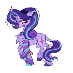 Size: 2048x2048 | Tagged: safe, artist:cingulomana, imported from derpibooru, starlight glimmer, pony, unicorn, alternate color palette, alternate cutie mark, alternate design, alternate eye color, alternate tailstyle, chest fluff, clothes, coat markings, colored, colored fetlocks, colored hooves, colored sclera, curved horn, cutie mark accessory, cutie mark earrings, ear markings, ear piercing, ear tufts, earring, eyebrows, eyebrows visible through hair, eyelashes, eyeshadow, fangs, female, flat colors, floppy ears, headband, high res, hooves, horn, jewelry, leg markings, leonine tail, lidded eyes, long mane, looking back, makeup, mare, mismatched hooves, multicolored hooves, open mouth, open smile, piercing, pink eyes, profile, purple coat, purple eyeshadow, purple mane, purple tail, raised hoof, scarf, shiny hooves, shoulder fluff, simple background, smiling, solo, standing, standing on two hooves, striped scarf, sweat, sweatdrop, swirls, swirly markings, tail, three toned mane, three toned tail, transparent background, unique horn, unshorn fetlocks, watermark, wavy mane, wavy tail, yellow sclera