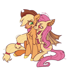 Size: 2048x2048 | Tagged: safe, artist:cingulomana, imported from derpibooru, applejack, fluttershy, bat pony, earth pony, pony, applejack's hat, appleshy, bat ponified, biting, blonde mane, blonde tail, blood, blush scribble, blushing, chest fluff, colored, colored eyebrows, colored hooves, colored pinnae, colored pupils, cowboy hat, duo, duo female, ear fluff, eyebrows, eyebrows visible through hair, eyelashes, fangs, female, flat colors, flutterbat, freckles, green eyes, green pupils, grin, hair tie, halloween, hat, high res, holiday, hooves, lesbian, looking at someone, mane tie, mare, narrowed eyes, nervous, nervous grin, open mouth, open smile, orange coat, pink mane, pink tail, profile, race swap, red eyes, red pupils, shiny hooves, shipping, shoulder fluff, simple background, sitting, slit pupils, smiling, smiling at someone, spread wings, stetson, tail, tail tie, three quarter view, tied mane, tied tail, transparent background, watermark, wings, yellow coat, yellow hooves