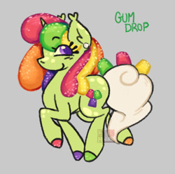 Size: 554x550 | Tagged: safe, artist:cingulomana, imported from derpibooru, oc, oc only, oc:gum drop, candy pony, food pony, original species, pony, unicorn, blush lines, blushing, coat markings, colored hooves, colored pupils, curly mane, curly tail, ear fluff, ear piercing, ear tufts, earring, edible mane, edible tail, eye clipping through hair, eyebrows, eyebrows visible through hair, facial markings, female, female oc, food, food in tail, gray background, green coat, green text, gumdrop, hooves, horn, jewelry, leg markings, looking back, mare, mare oc, mismatched hooves, multicolored hooves, piercing, ponified, prancing, profile, purple eyes, purple pupils, raised hoof, raised leg, shiny hooves, simple background, smiling, spots, tail, unicorn horn, unicorn oc, watermark, white tail