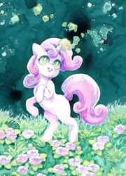 Size: 725x1007 | Tagged: safe, artist:fleebites, imported from derpibooru, sweetie belle, pony, unicorn, female, filly, flower, foal, horn, magic, rearing, solo, traditional art, watercolor painting