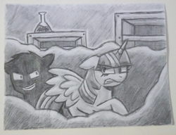 Size: 1280x983 | Tagged: safe, artist:rosa ushiromiya, imported from derpibooru, applejack, twilight sparkle, alicorn, earth pony, pony, fanfic:another apple sleep experiment, angry, duo, duo female, female, fog, mare, monochrome, potion, shadow, traditional art