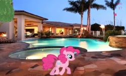 Size: 1253x750 | Tagged: safe, imported from derpibooru, pinkie pie, collect cupcakes lick ponies, female, flash game, house, palm tree, solo, swimming pool, tree, youtube link