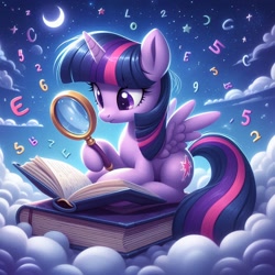 Size: 1024x1024 | Tagged: safe, imported from derpibooru, twilight sparkle, alicorn, ai content, ai generated, book, female, magnifying glass, moon, prompter:bluey2309, solo, twilight sparkle (alicorn)