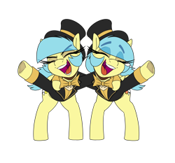 Size: 2400x2240 | Tagged: safe, artist:lockheart, imported from derpibooru, oc, oc only, oc:matinee, oc:soiree, earth pony, pegasus, pony, bowtie, clothes, duo, duo female, eye clipping through hair, eyebrows, eyebrows visible through hair, eyes closed, female, frog (hoof), hat, long eyelashes, mare fair, open mouth, open smile, smiling, top hat, tuxedo, underhoof