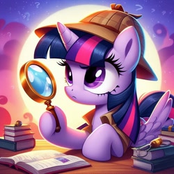 Size: 1024x1024 | Tagged: safe, imported from derpibooru, ai content, ai generated, book, deerstalker, detective, female, hat, magnifying glass, moon, prompter:bluey2309, sherlock sparkle