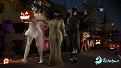 Size: 1920x1080 | Tagged: safe, artist:reinbou, imported from derpibooru, rarity, oc, oc:blueberry milkshake, oc:doodle, oc:rein, oc:sweet cinnamon, anthro, pegasus, unicorn, 3d, blender, blender cycles, clothes, costume, halloween, halloween costume, holiday, horn