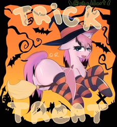 Size: 1516x1642 | Tagged: safe, artist:cheddart, imported from derpibooru, oc, oc only, oc:cheddy, bat pony, undead, vampire, vampony, clothes, costume, fangs, halloween, halloween costume, hat, holiday, large butt, lingerie, socks, spooky, stockings, thigh highs, trick or treat, witch costume, witch hat