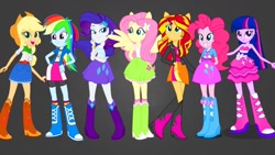 Size: 1280x720 | Tagged: artist needed, safe, imported from derpibooru, applejack, fluttershy, pinkie pie, rainbow dash, rarity, sci-twi, sunset shimmer, twilight sparkle, equestria girls, belt, better source needed, boots, clothes, cowboy boots, cowboy hat, fall formal outfits, gray background, hat, high heel boots, humane five, humane seven, humane six, jacket, polka dot socks, ponied up, shirt, shoes, simple background, skirt, socks, vest