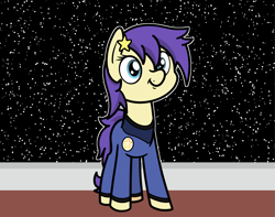 Size: 2048x1617 | Tagged: safe, artist:ewoudcponies, imported from derpibooru, part of a set, star dancer, earth pony, pony, clothes, female, looking at you, mare, smiling, smiling at you, solo, space, spaceship, uniform