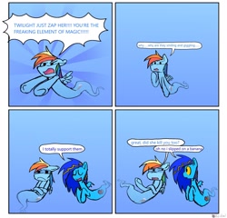 Size: 2048x1962 | Tagged: safe, artist:koidial, imported from derpibooru, rainbow dash, oc, oc:dreadful blue horse!, bat pony, ghost, pegasus, pony, undead, fanfic:cupcakes, bat pony oc, bat wings, blue coat, blue mane, blue text, colored sclera, comic, crossed hooves, dialogue, dot eyes, duo, duo female, eyes closed, female, female oc, folded wings, frown, frustrated, implied cupcakes, implied lesbian, implied pinkie pie, implied shipping, implied twilight sparkle, implied twinkie, looking at each other, looking at someone, mare, mare oc, multicolored hair, multicolored mane, narrowed eyes, open frown, open mouth, open smile, pointing, ponysona, pouting, profile, rainbow hair, raised hooves, signature, small wings, smiling, speech bubble, spiky mane, spread wings, talking, two toned mane, wings, yelling, yellow sclera