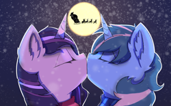 Size: 4000x2500 | Tagged: safe, artist:skylarty, imported from derpibooru, unicorn, christmas, commission, couple, eyes closed, holiday, horn, kissing, prize, santa claus, snow, snowfall