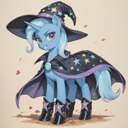 Size: 1024x1024 | Tagged: safe, imported from derpibooru, trixie, pony, unicorn, ai content, ai generated, cape, clothes, female, full body, generator:perfect pony xl, hat, horn, looking at you, mare, shoes, smiling, solo, witch