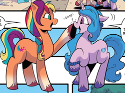 Size: 616x456 | Tagged: safe, idw, imported from derpibooru, izzy moonbow, sunny starscout, earth pony, unicorn, spoiler:comic, spoiler:g5comic, spoiler:g5comic08, boop, cropped, cute, duo, g5, horn, izzybetes, raised hoof, sunnybetes