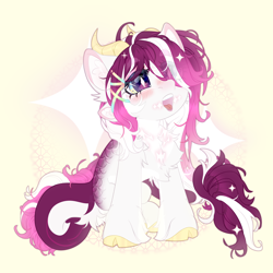 Size: 3000x3000 | Tagged: safe, artist:medkit, imported from derpibooru, oc, oc only, unnamed oc, dracony, dragon, earth pony, hybrid, pony, accessory, big eyes, blushing, chest fluff, chibi, cloven hooves, coat markings, colored belly, colored chest fluff, colored eartips, colored eyebrows, colored eyelashes, colored hooves, colored lineart, colored pupils, commission, ear fluff, ears up, ethereal mane, eye clipping through hair, eyebrows, eyebrows visible through hair, eyelashes, eyeshadow, facial markings, female, four ears, full body, gold hooves, gold horns, gradient mane, hair over one eye, hairpin, head up, heart shaped, high res, hooves, horns, hybrid oc, leg fluff, lightly watermarked, lipstick, long mane, long tail, looking at something, makeup, mare, micro, multiple ears, open mouth, paint tool sai 2, pink eyeshadow, pink lipstick, rainbow, raised eyebrow, scales, screentone, shoulder fluff, signature, simple background, sitting, smol, solo, starry mane, tail, tail fluff, tail markings, three quarter view, two toned eyes, unshorn fetlocks, wall of tags, watermark, white coat, wingding eyes, wondering