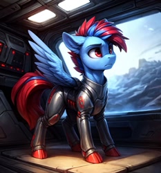 Size: 896x960 | Tagged: safe, imported from derpibooru, oc, oc only, oc:hellfire, pegasus, ai content, ai generated, armor, blue fur, fanfic art, fantasy, male, mountain, prompter:vencelyon, red eyes, red hooves, science fiction, spaceship