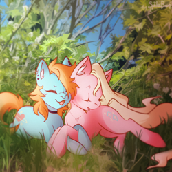 Size: 1100x1100 | Tagged: safe, artist:spiderbones31, oc, pony, blushing, duo, duo female, eyes closed, female, hug, mare, nature