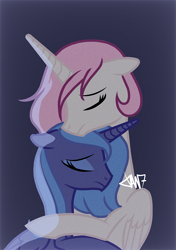 Size: 1039x1476 | Tagged: safe, artist:tantann_7, imported from derpibooru, princess celestia, princess luna, alicorn, pony, female, floppy ears, hug, mare, pink-mane celestia, royal sisters, sad, sibling love, siblings, sisters, young celestia, young luna