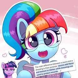 Size: 3522x3505 | Tagged: safe, artist:pabbley, imported from derpibooru, rainbow dash, twilight sparkle, pegasus, pony, unicorn, alternate hairstyle, artificial intelligence, book, cute, dashabetes, dialogue, duo, duo female, female, glasses, google, horn, manebow sparkle, mare, ponytail, rainbow dumb, round glasses, solo focus, speech bubble, talking to viewer, wrong