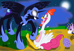 Size: 2616x1836 | Tagged: safe, artist:nicolai, imported from derpibooru, nightmare moon, pinkie pie, twilight sparkle, alicorn, earth pony, pony, unicorn, friendship is magic, animal costume, chicken pie, chicken suit, clothes, concave belly, cosplay, costume, egg, glowing, glowing eyes, height difference, horn, menacing, mlp fim's fourteenth anniversary, moon, night, nightmare night, nightmare night costume, slender, star swirl the bearded costume, startled, tall, thin