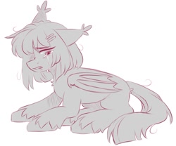 Size: 1066x889 | Tagged: safe, artist:cheekipone, oc, oc only, oc:honey milk, bat pony, pony, bat pony oc, bat wings, crouching, crying, ear tufts, fangs, female, floppy ears, gritted teeth, hairclip, looking back, mare, monochrome, sad, simple background, solo, unshorn fetlocks, white background, wings