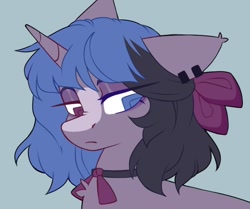 Size: 700x586 | Tagged: safe, artist:cheekipone, oc, oc only, oc:pinot noir, pony, unicorn, blue background, bow, bust, ear piercing, eyeshadow, female, floppy ears, hair bow, heterochromia, horn, jewelry, looking back, makeup, mare, necklace, piercing, portrait, simple background, solo, two toned mane, unicorn oc