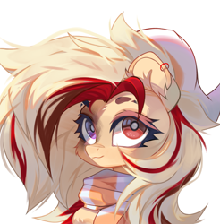 Size: 3941x4011 | Tagged: safe, artist:jfrxd, imported from derpibooru, oc, oc only, oc:kyra, pegasus, pony, big eyes, cheek fluff, clothes, ear fluff, ear piercing, earring, eyebrow slit, eyebrows, female, floating eyebrows, heterochromia, jewelry, piercing, scarf, simple background, solo, solo female, striped scarf, white background