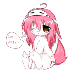 Size: 2048x2048 | Tagged: safe, imported from derpibooru, oc, oc only, oc:shiro, earth pony, pony, ahoge, artwork, ear fluff, female, filly, floppy ears, fluffy tail, foal, frog (hoof), hair ears, not porn, one eye closed, original art, pink hair, simple background, sleep mask, sleepy, solo, speech bubble, tail, text, tired, underhoof, white background, yellow eyes