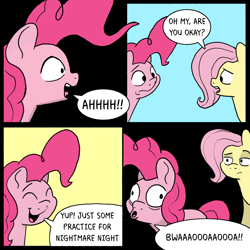 Size: 1600x1600 | Tagged: safe, artist:doodledonutart, imported from derpibooru, fluttershy, pinkie pie, earth pony, pegasus, pony, comic, dialogue, duo, duo female, female, fluttershy is not amused, mare, speech bubble, unamused