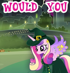 Size: 339x353 | Tagged: safe, imported from derpibooru, princess cadance, alicorn, pony, clothes, cropped, dress, english, female, gameloft, hat, horn, mare, meme, solo, text, witch costume, witch hat, wow! glimmer