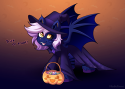 Size: 2800x1998 | Tagged: safe, artist:madelinne, imported from derpibooru, oc, oc only, oc:nightcore, bat pony, bat pony oc, bat wings, clothes, costume, female, halloween, halloween 2024, halloween costume, holiday, jewelry, mare, solo, trick or treat, wings