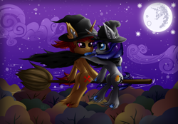 Size: 2800x1950 | Tagged: safe, artist:sunamoonmlp, derpibooru exclusive, imported from derpibooru, oc, oc:sunamoon, alicorn, pony, unicorn, broom, clothes, cloud, costume, cute, duo, female, flying, forest, halloween, halloween 2024, halloween costume, hat, holiday, horn, male, mare, mlp fim's fourteenth anniversary, moon, moonlight, nature, night, nightmare night, nightmare night costume, stallion, stars, tree, wings, witch, witch costume, witch hat