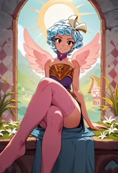 Size: 832x1216 | Tagged: safe, imported from derpibooru, cozy glow, human, ai content, ai generated, crossed legs, female, humanized, looking at you, prompter:stoneifisaunt, smiling, smiling at you, solo, spread wings, winged humanization, wings